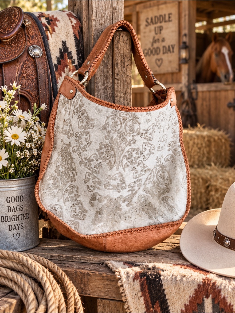 ANTONIO MELANI Cream and Tan Patterned Hobo Shoulder Bag